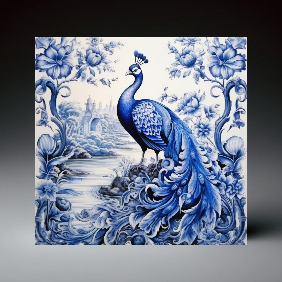 Delft Blue Chinoiserie Peacock Wall Art Print