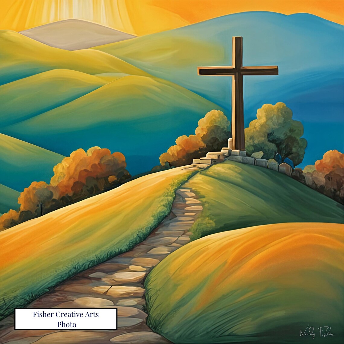 Hilltop Cross at Sunrise with Stone Path Golden Morning Wall Art - Image 4