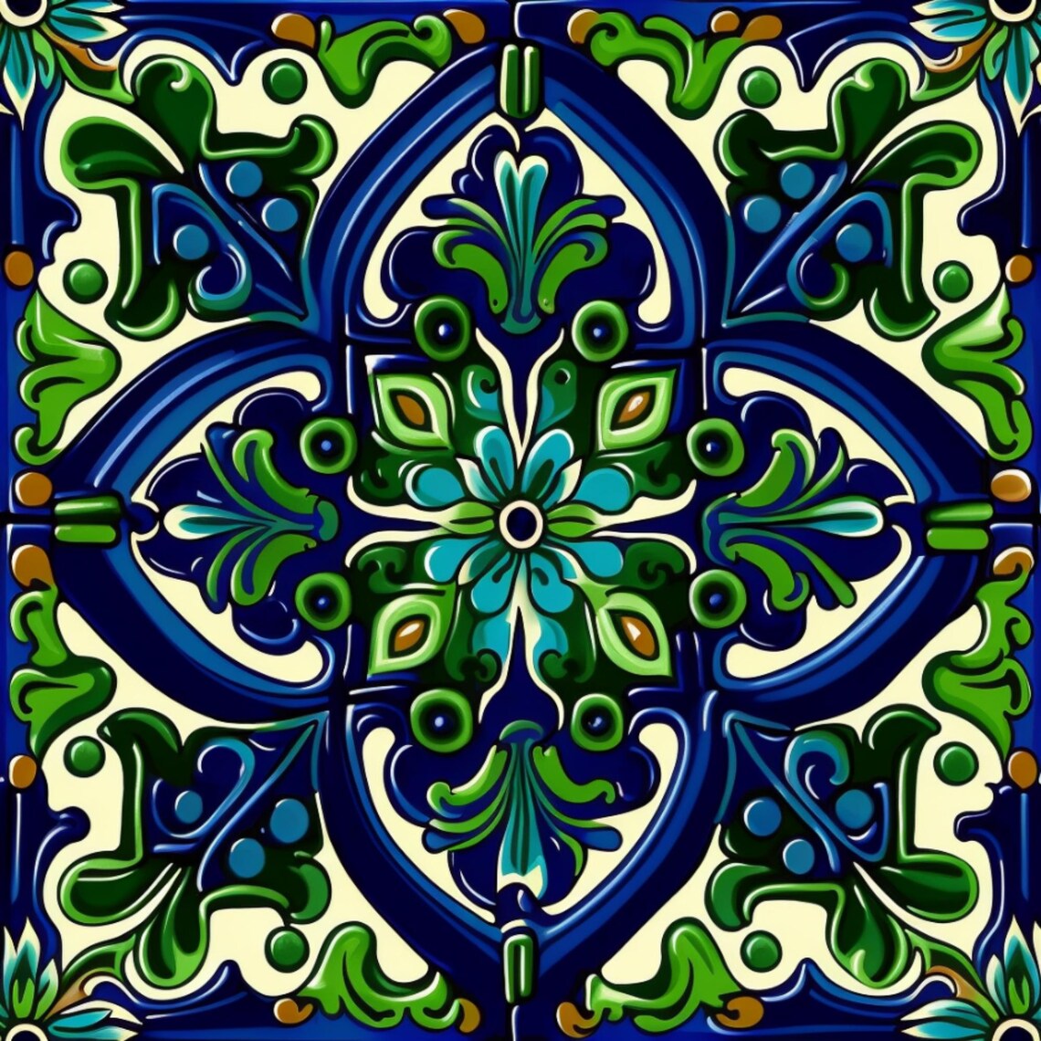 Blue And Green Talavera Tile, Mexican Tile Art Print - Image 4