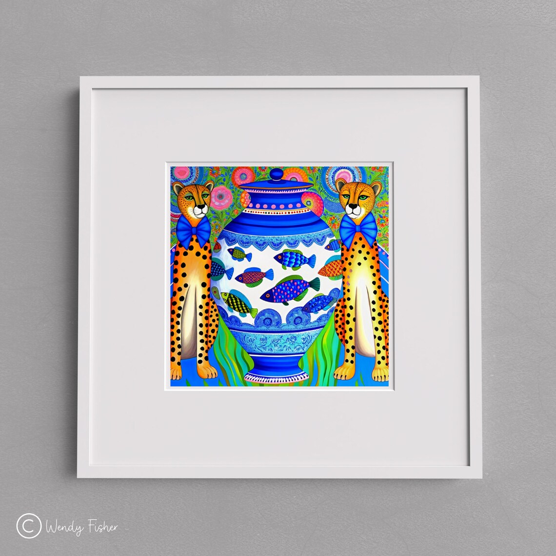 Cheetah Pair And Fish Ginger Jar Folk Art Ceramic Tile Wall Art - Image 3
