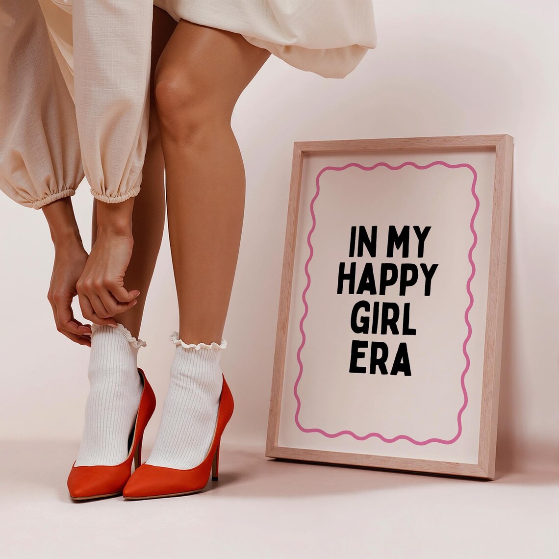 In My Happy Girl Era Pink Wavy Border Typography Poster Preppy
