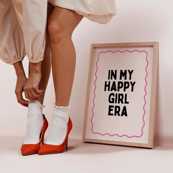 In My Happy Girl Era Pink Wavy Border Typography Poster Preppy