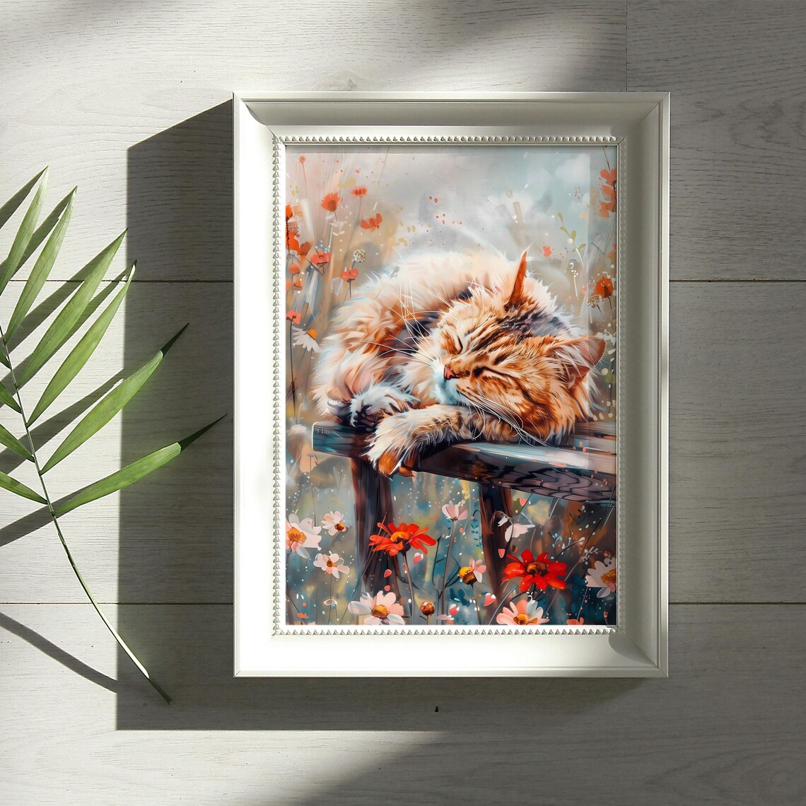 Sleeping Orange Tabby Cat Watercolor Wildflowers Garden Rustic Fence Poster