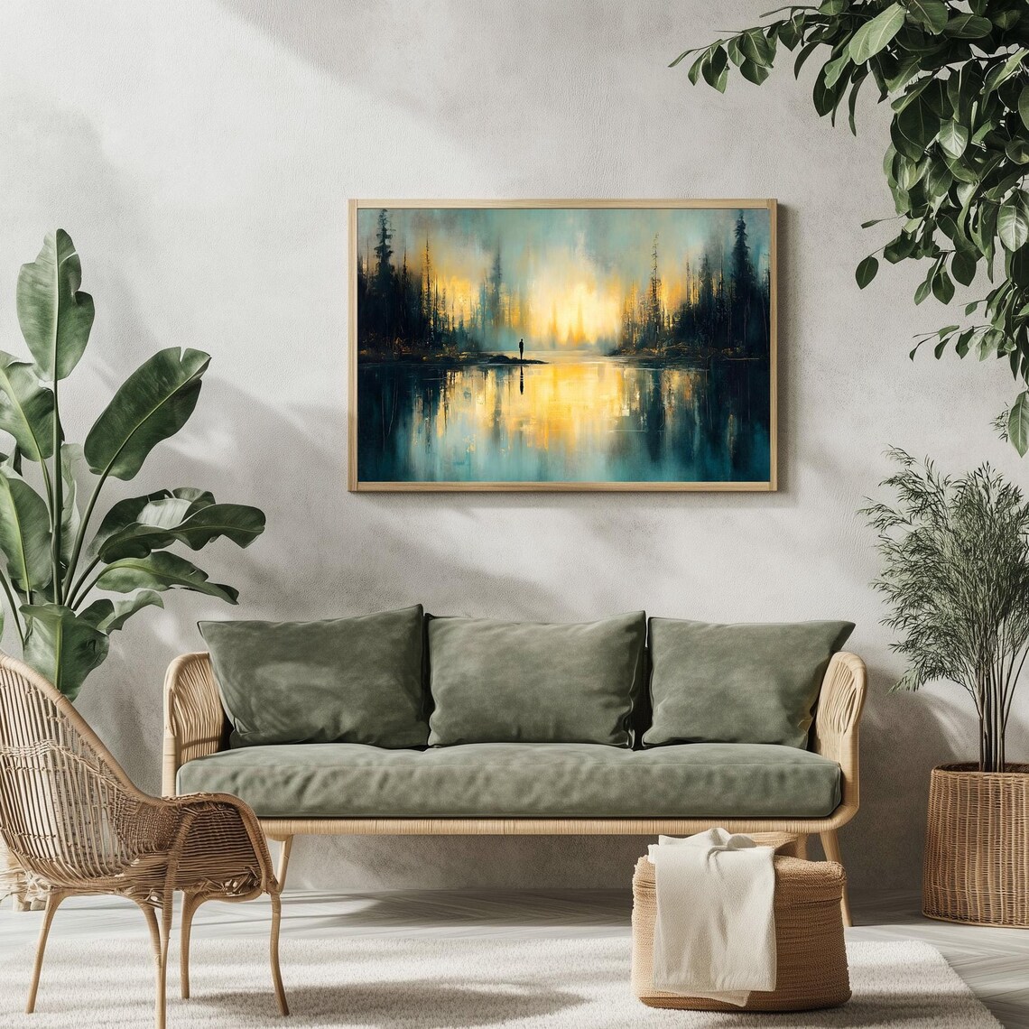 Misty Forest Lake Golden Sunrise Reflection Nature Painting Poster