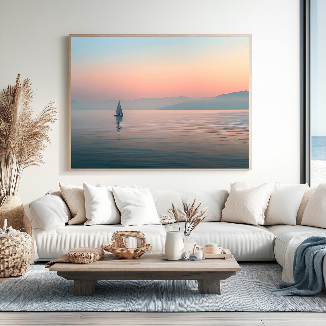 Lone Sailboat On Calm Sea At Dusk Soft Pastel Horizon Minimal Seascape Poster