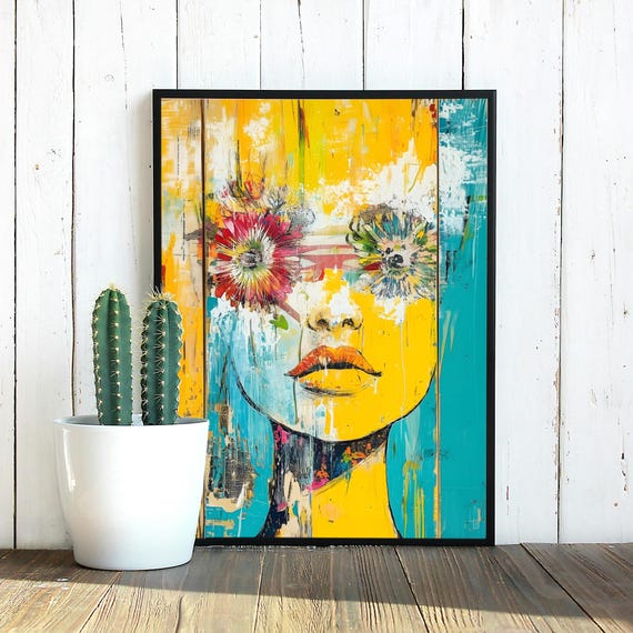 Vivid Floral Abstract Portrait Modern Wall Art Bold Colorful Artwork Boho Home Decor Housewarming Gift