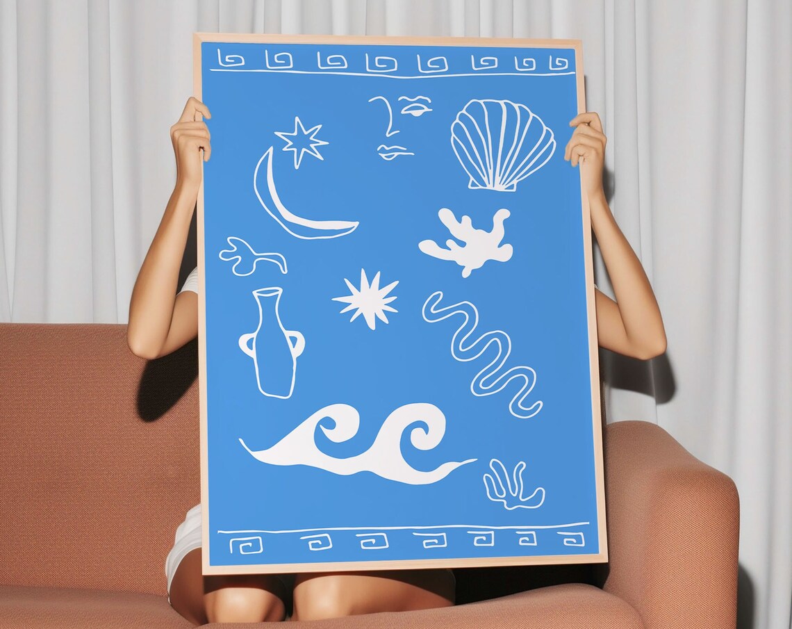 Greek Sea Motifs White On Cobalt Blue Coastal Mediterranean Art Poster - Image 3