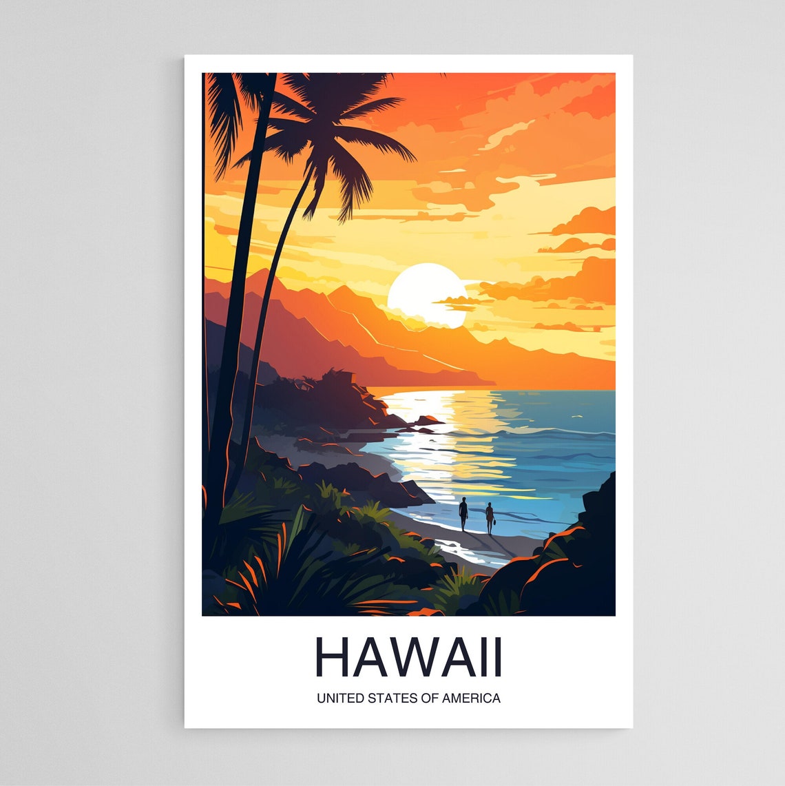 Hawaii Tropical Sunset Palm Trees Beach Waves Silhouette Travel Poster