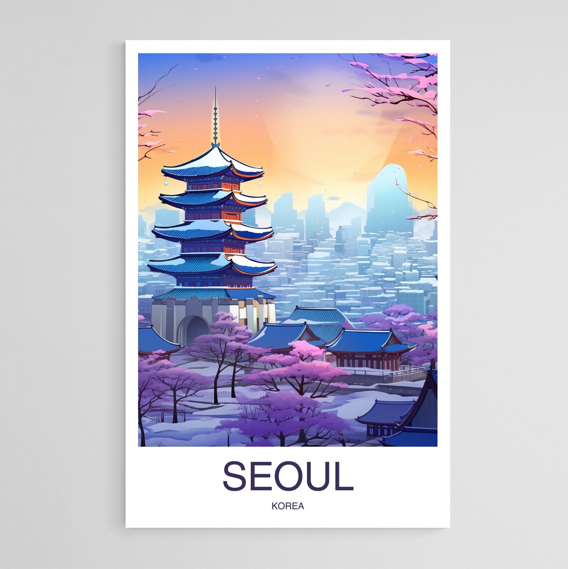 Seoul Korea Pagoda Cherry Blossom Golden Sunset Travel Art Poster