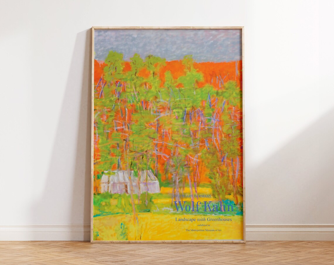 Wolf Kahn Landscape with Greenhouses Orange Sky Trees Art Print - Image 4