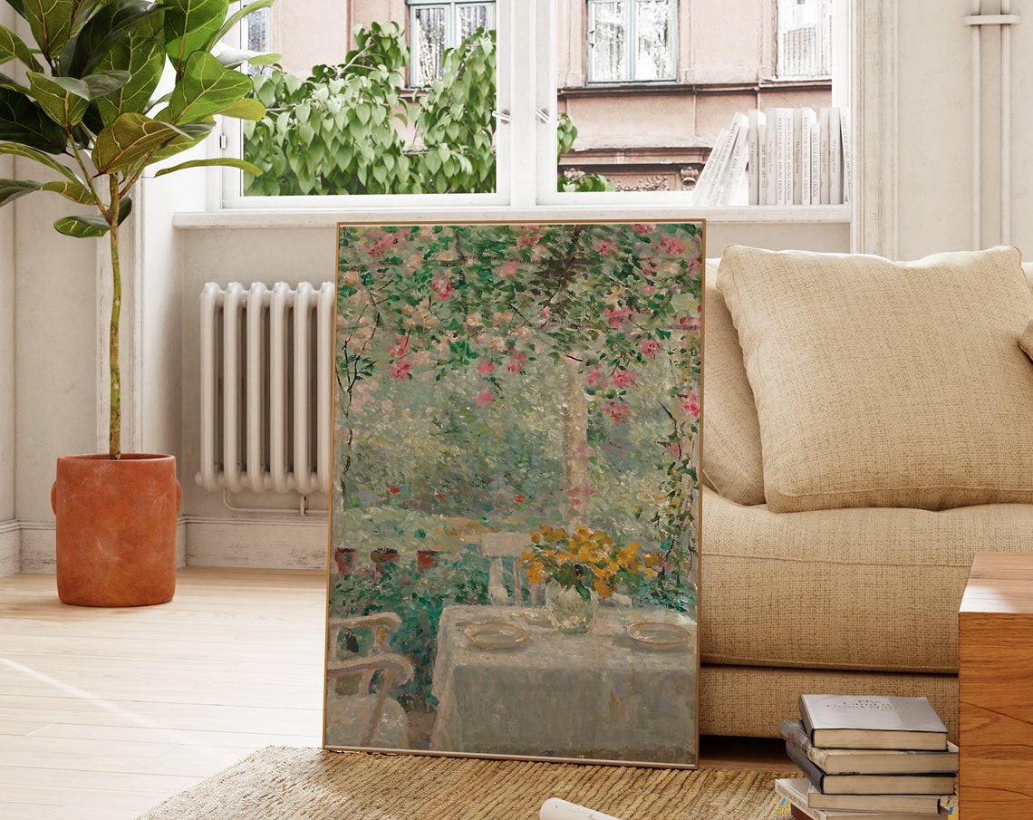 A Garden Terrace Print Cottage Core Wall Art Coquette Aesthetic Cottage Home Decor Garden Art Painting French Landscape Flowers Wall Art