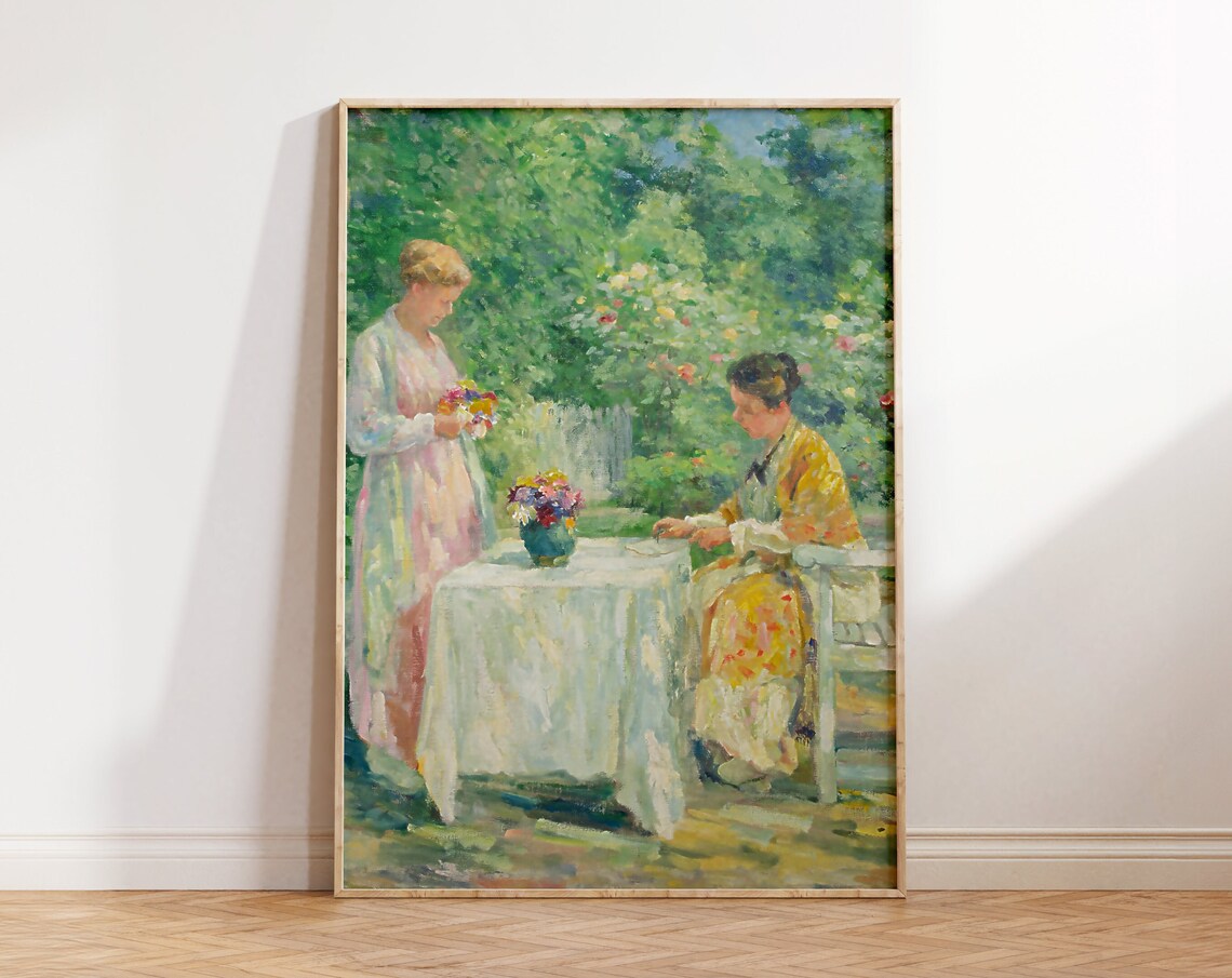 Impressionist Garden Women Picking Flowers Sunny Vintage Art Poster