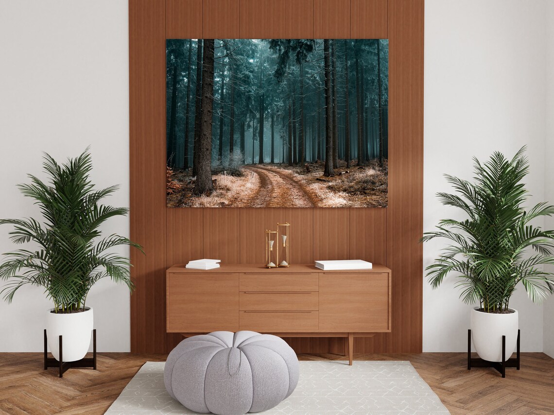 Misty Pine Forest with Winding Dirt Road Teal Amber Tones Photo Poster - Image 2