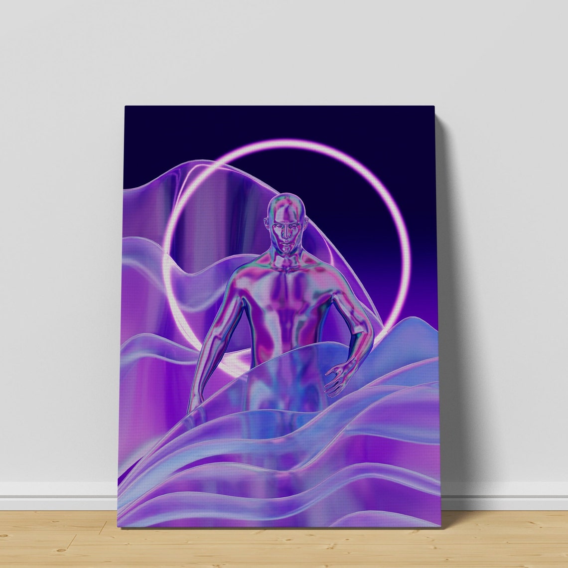 Holographic Chrome Figure with Neon Ring Retro Synthwave Art Poster