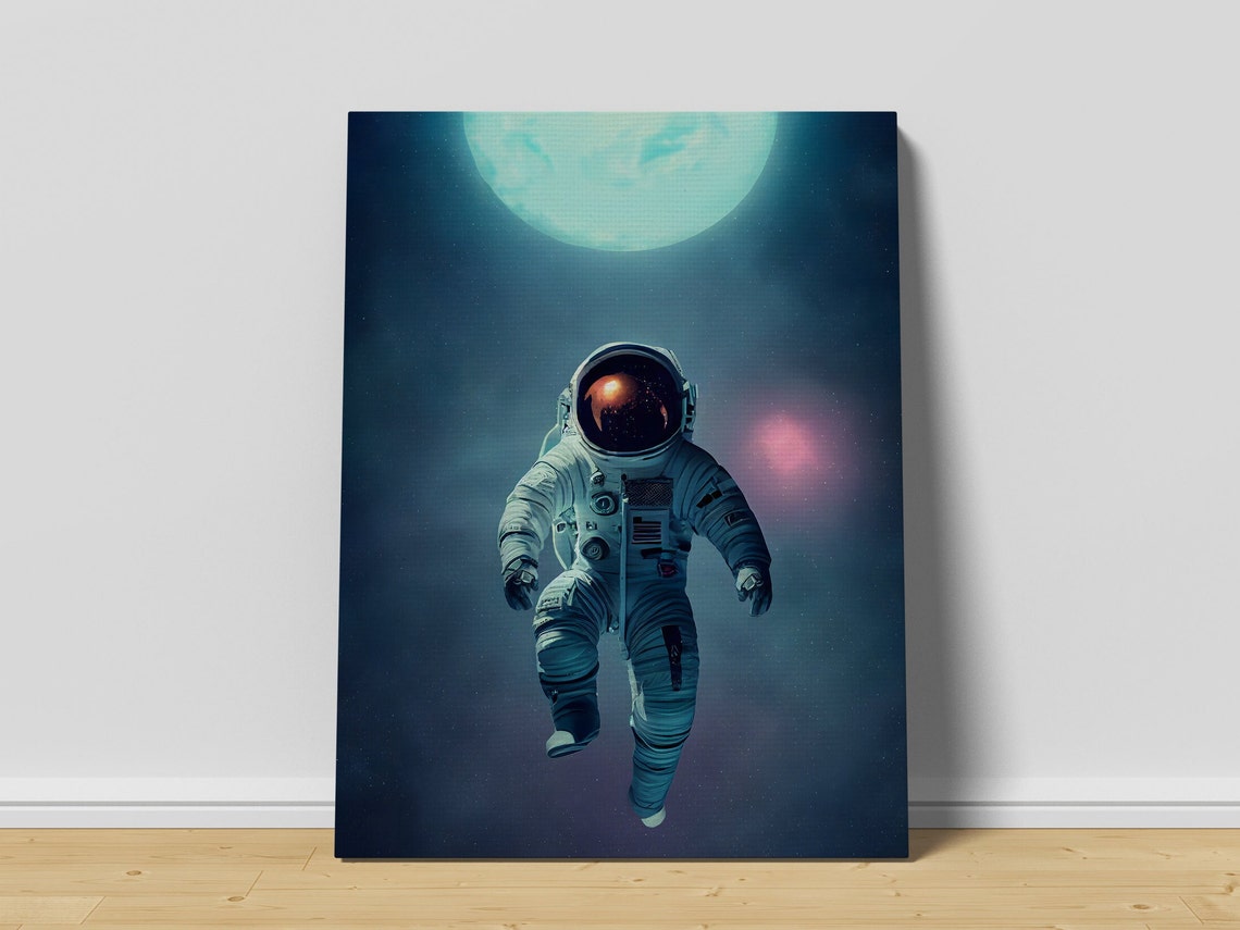 Astronaut Floating In Space Poster Glowing Moon Dark Teal Cosmic Scene - Image 3