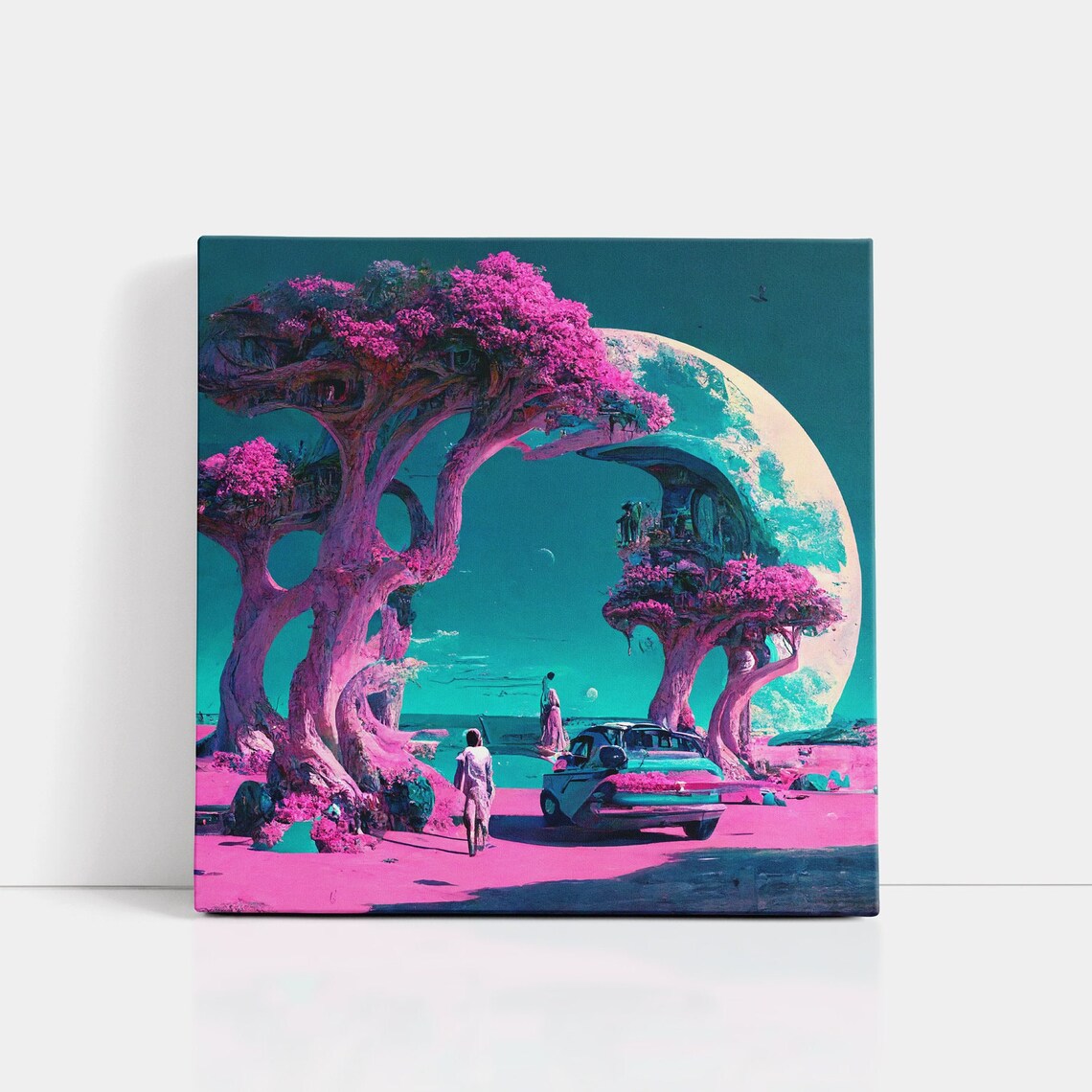 Surreal Retrowave Landscape Poster Pink Blooming Trees Under Crescent Moon
