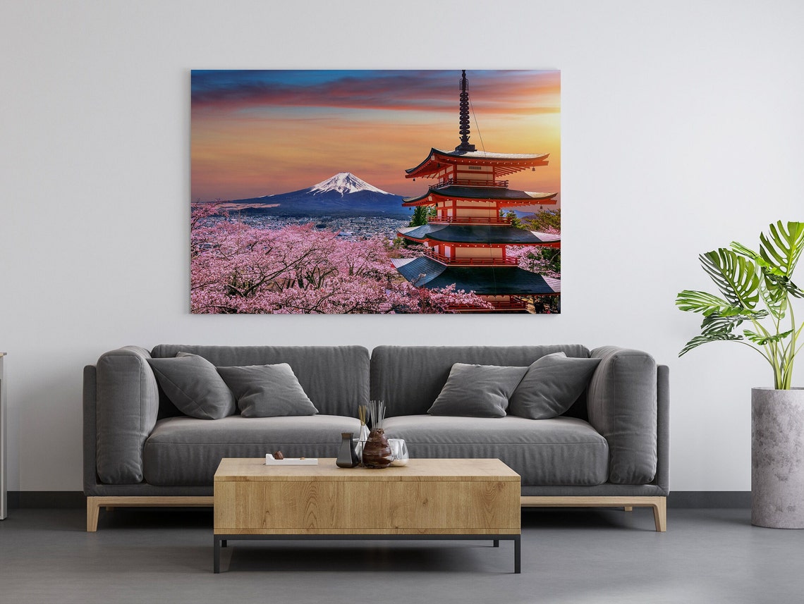 Mount Fuji at Sunset with Pagoda and Cherry Blossoms Japan Poster - Image 2