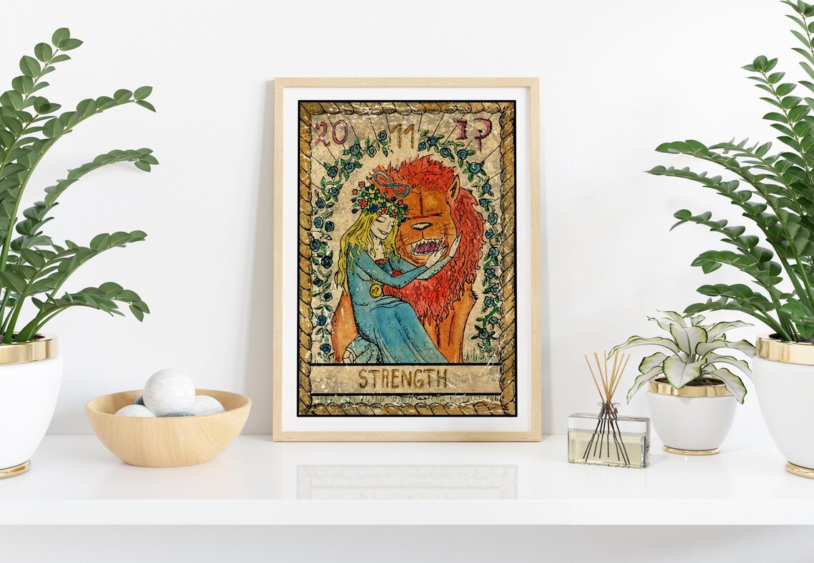 Strength Tarot Card Woman Embracing Lion Vintage Feminine Decor Poster - Image 2