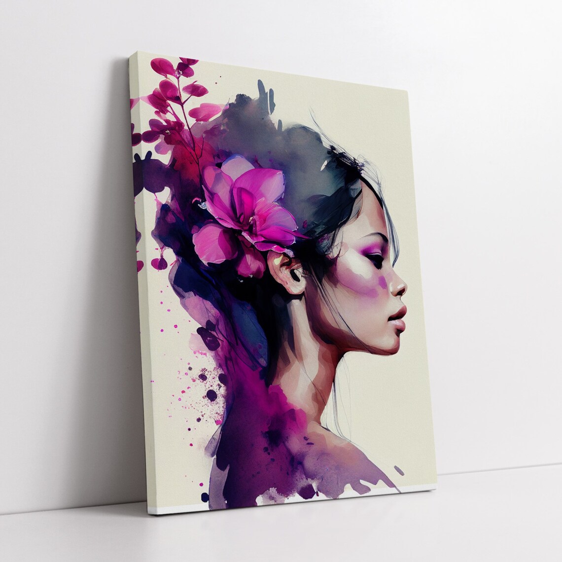 Japanese Watercolor Woman Profile with a Pink Orchid Blossom Poster - Image 2