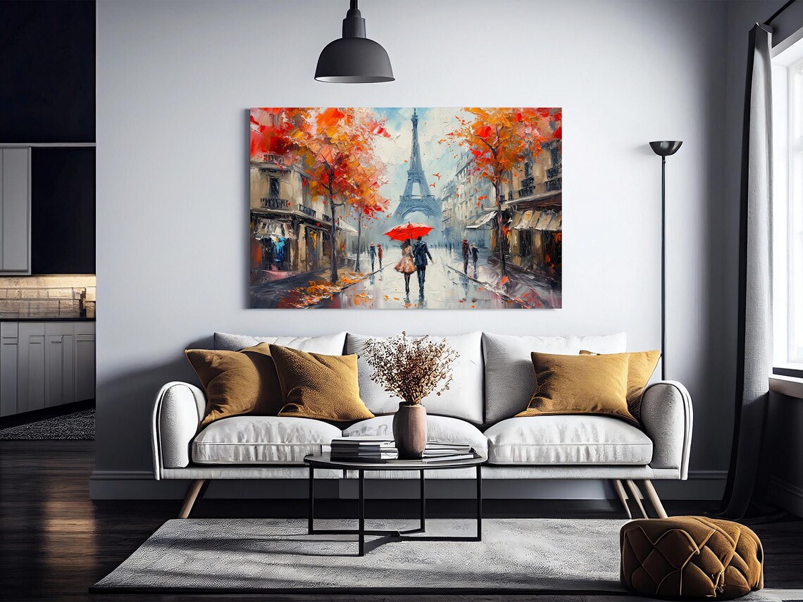 Romantic Couple Under Red Umbrella In Rainy Paris Street Poster - Image 3