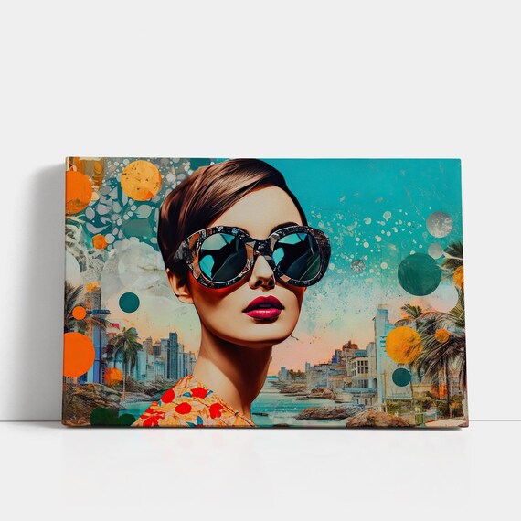 Retro Lady Patterned Sunglasses Coastal City Collage Dopamine Art Poster