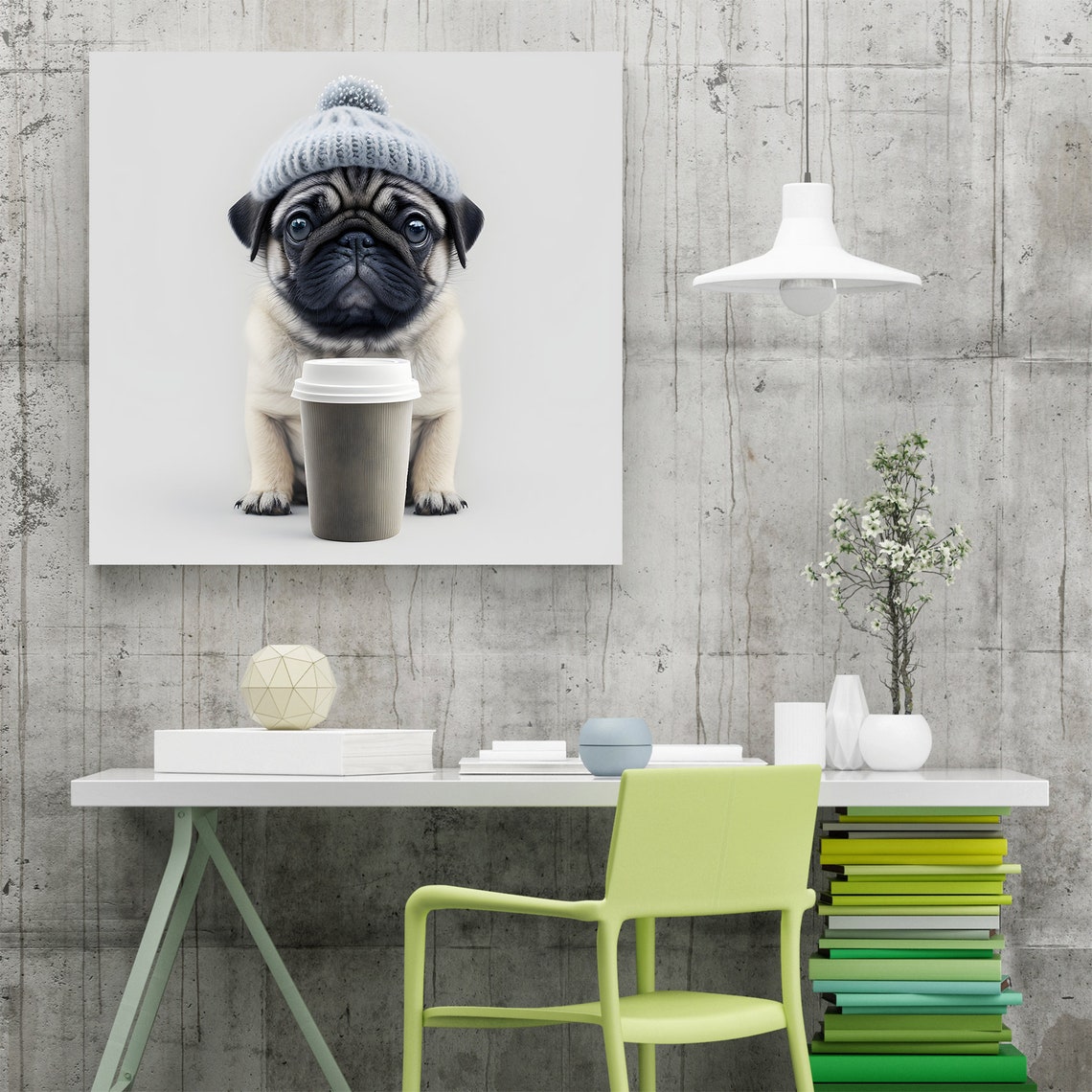 Cute Pug Puppy in Knit Beanie with Coffee Cup Funny Animal Poster - Image 2