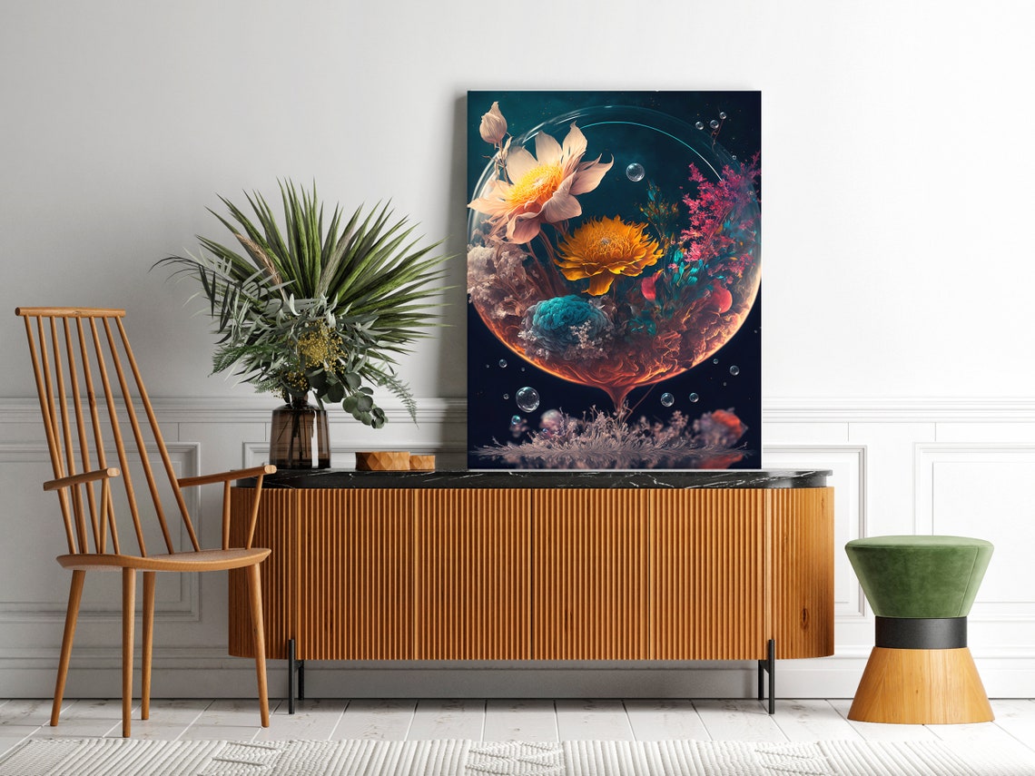 Surreal Flowers Inside Glass Sphere Floating on Dark Background Poster - Image 3