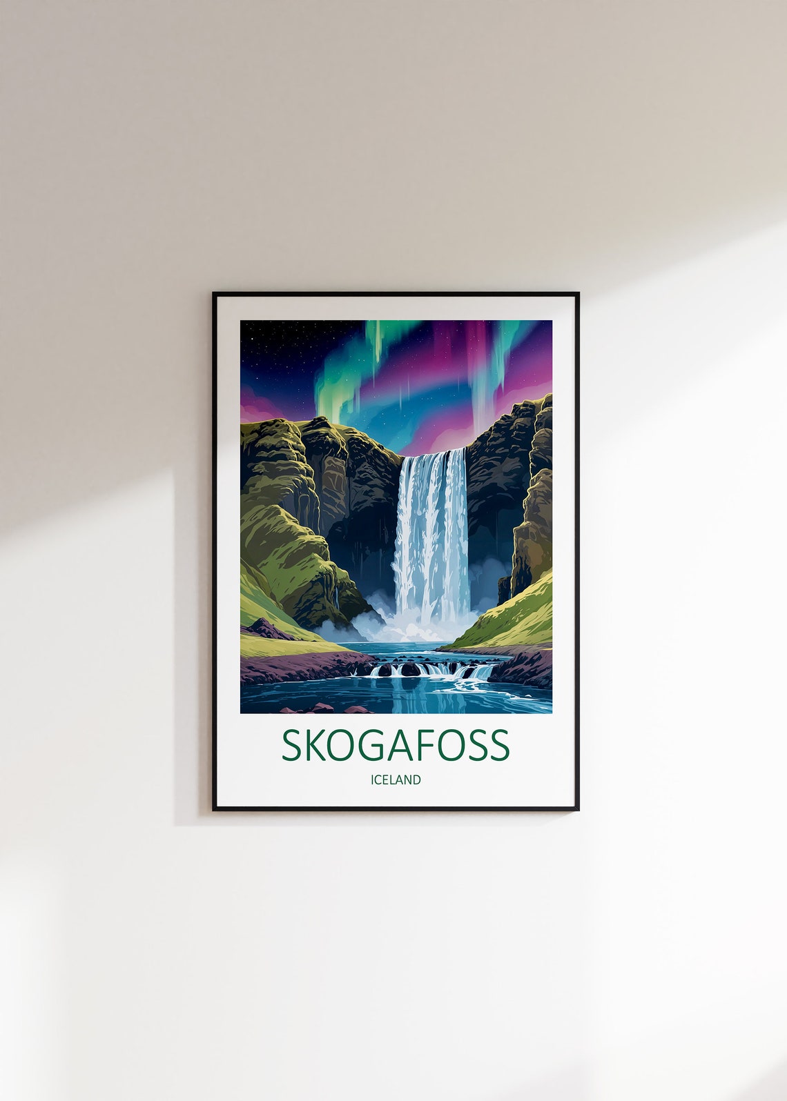 Skogafoss Iceland Waterfall Under Northern Lights Night Poster - Image 3