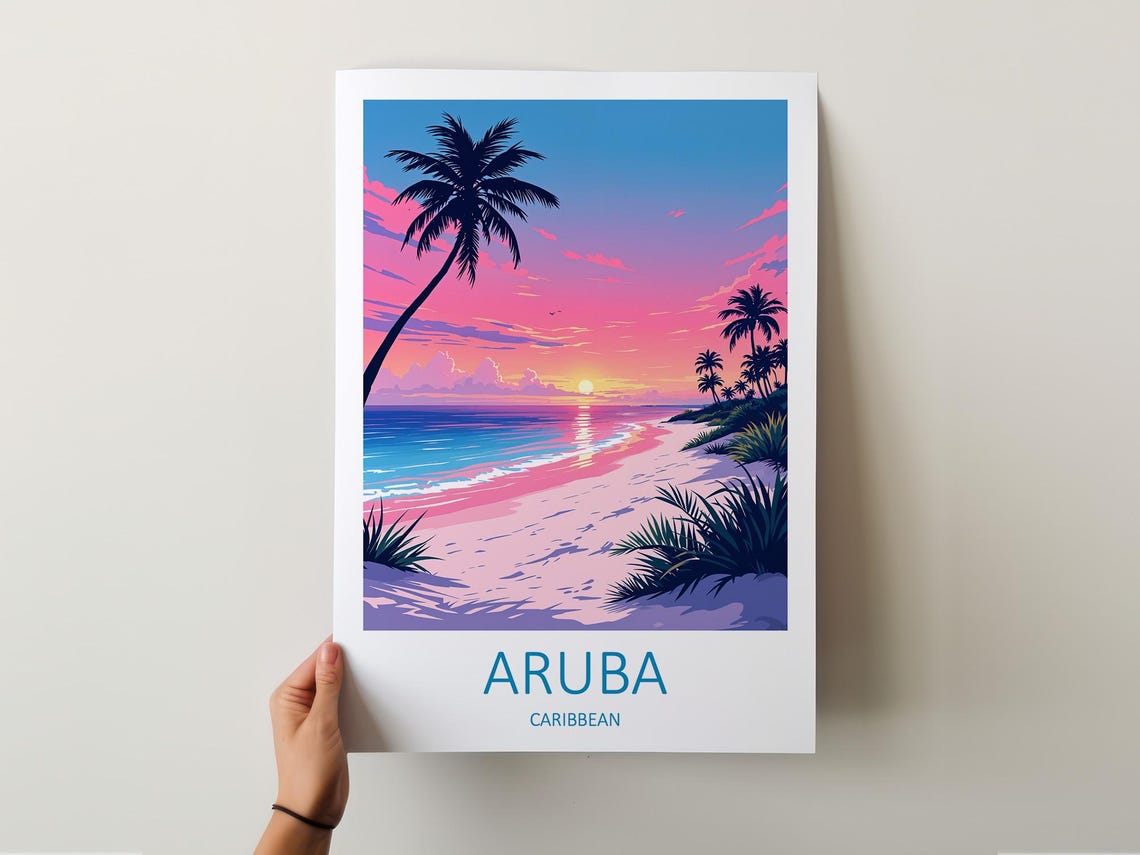 Aruba Caribbean Pink Sunset Beach With Palm Silhouettes Poster - Image 5