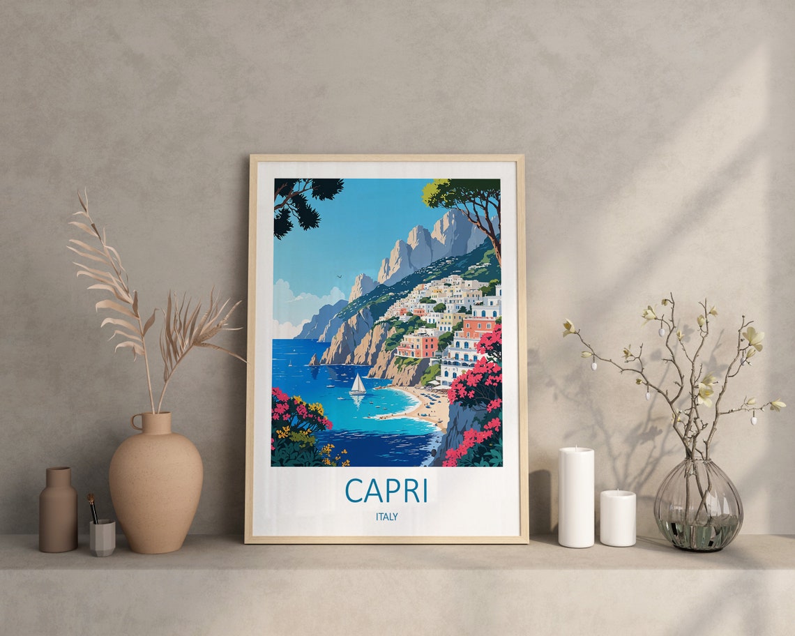 Capri Italy Cliffside Town With Sailboat and Bougainvillea Poster - Image 3