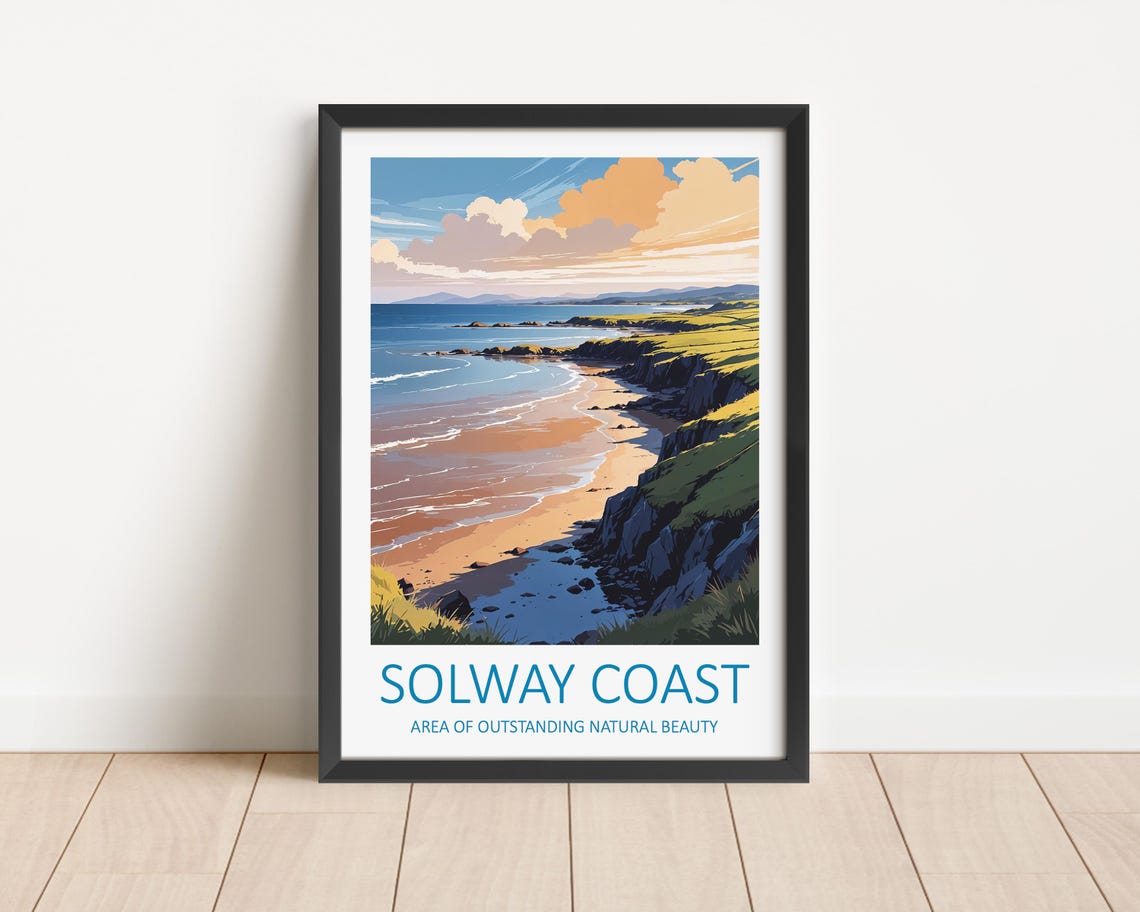 Solway Coast England Sandy Beach Cliffs Golden Light Travel Poster