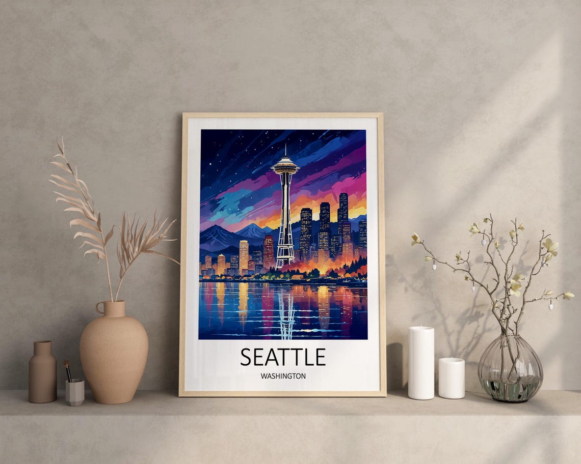 Seattle Washington Space Needle Skyline Night Lights Reflection Poster - Image 3