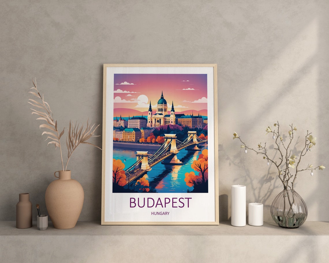 Budapest Hungary Chain Bridge Basilica Sunset Danube Travel Poster - Image 4