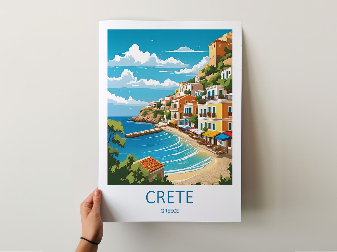 Crete Greece Charming Coastal Harbor Town With Sun Loungers Poster - Image 5