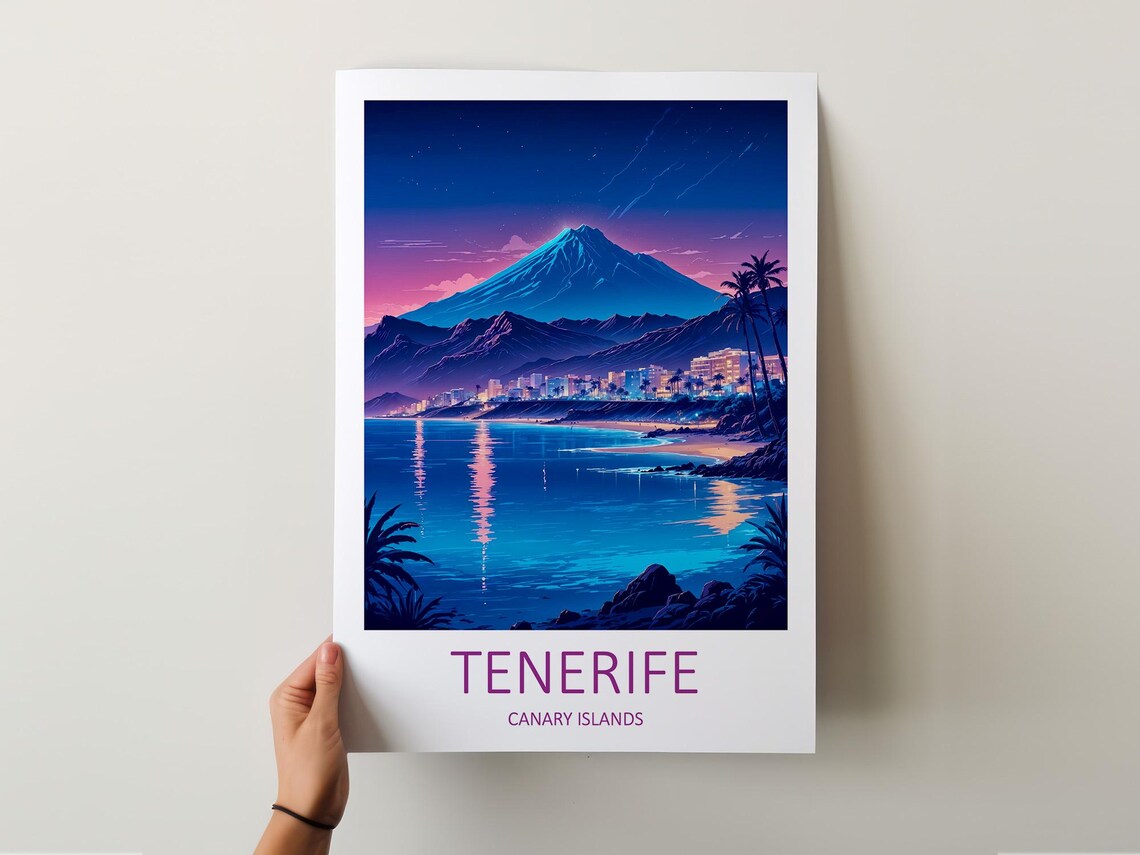 Tenerife Canary Islands Volcano Peak Night Beach Lights Travel Poster - Image 5
