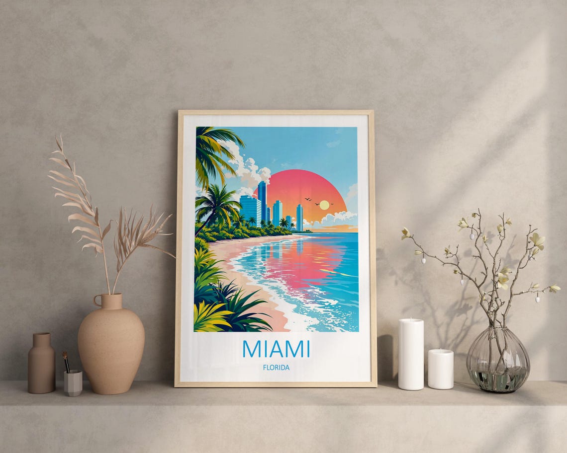 Miami Beach Palm Trees Skyline Big Sunset Florida Travel Poster - Image 3