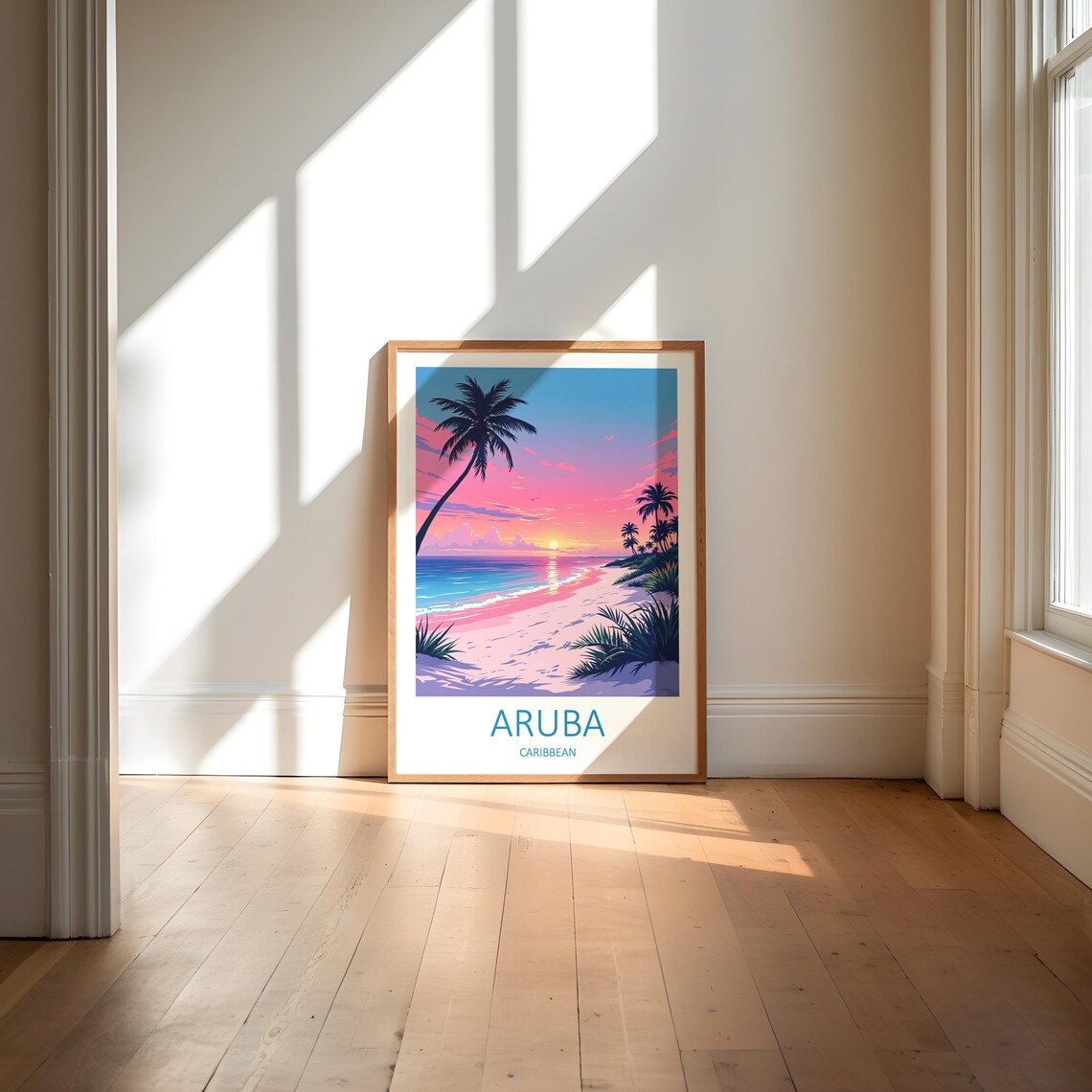Aruba Caribbean Pink Sunset Beach With Palm Silhouettes Poster - Image 6