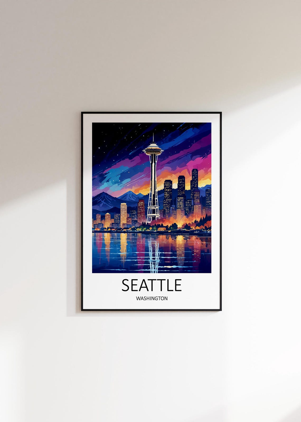 Seattle Washington Space Needle Skyline Night Lights Reflection Poster - Image 2