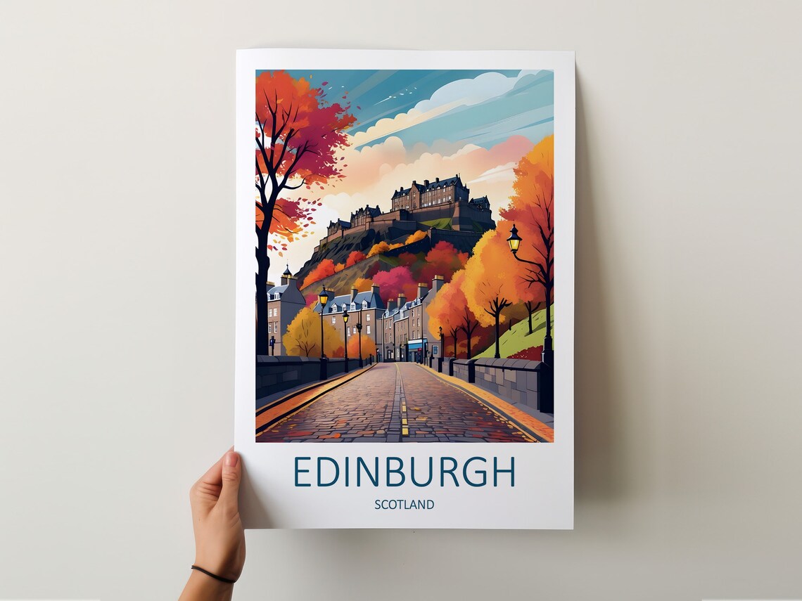 Edinburgh Scotland Castle In Autumn Cobblestone Street Poster - Image 5