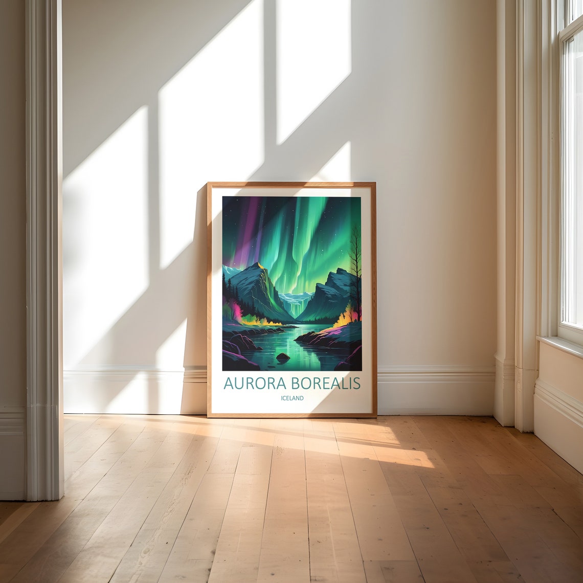Aurora Borealis Iceland Night Mountain Lake Glow Travel Poster - Image 6