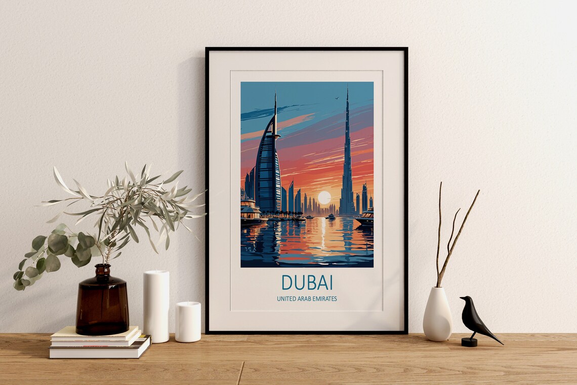 Dubai UAE Sunset Skyline Burj Khalifa Burj Al Arab Water Poster - Image 2