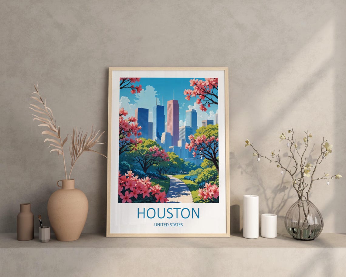Houston Texas Skyline Spring Blossom Park City Night View Poster - Image 3