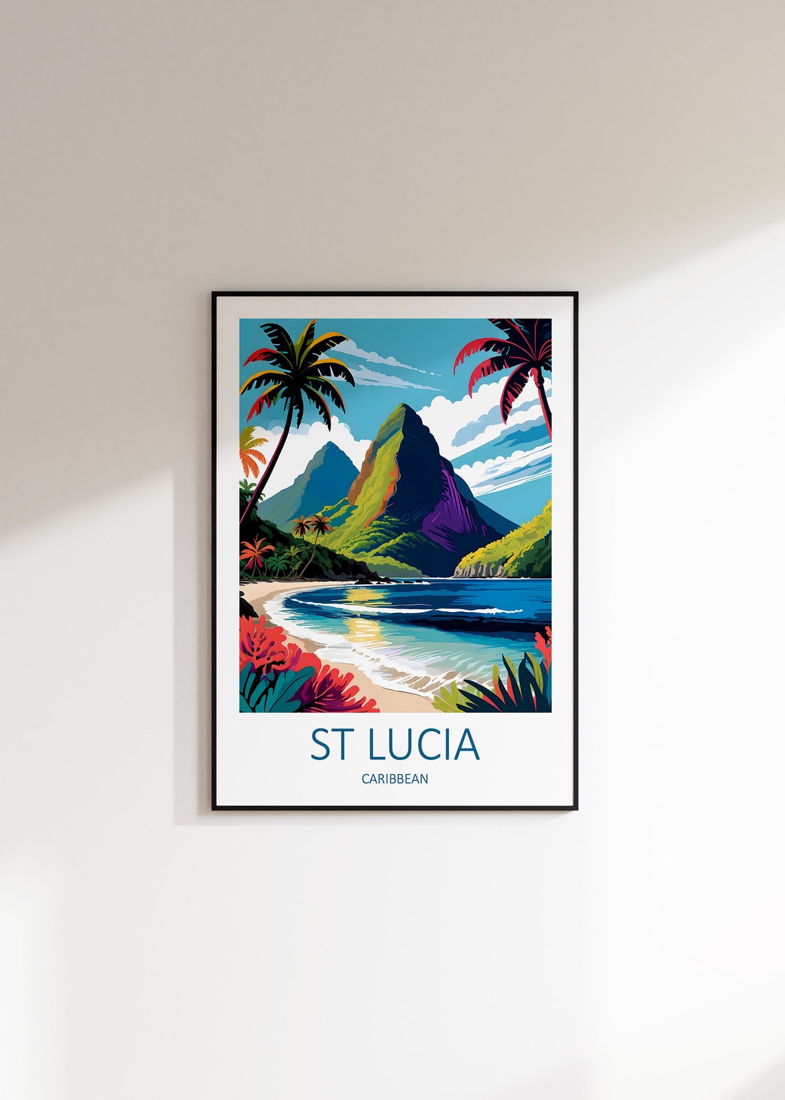 St Lucia Caribbean Twin Pitons Palms and Turquoise Beach Poster - Image 3