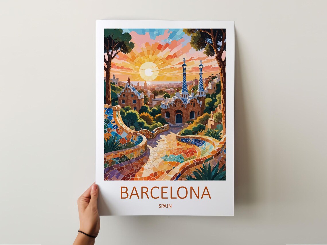 Barcelona Park Guell Mosaic Terrace Sunrise Golden Hour Art Poster - Image 5