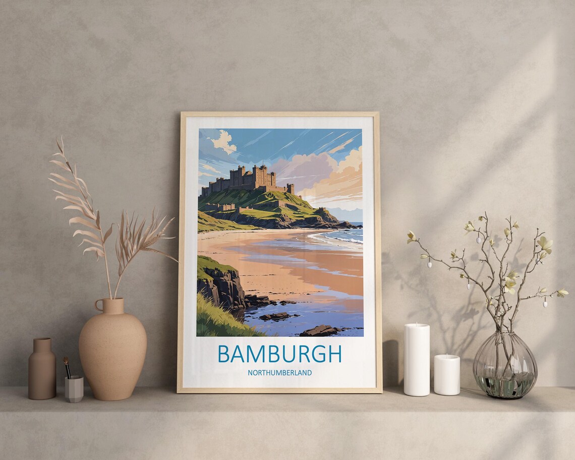 Bamburgh Castle Northumberland Coast Sandy Beach Travel Poster - Image 3
