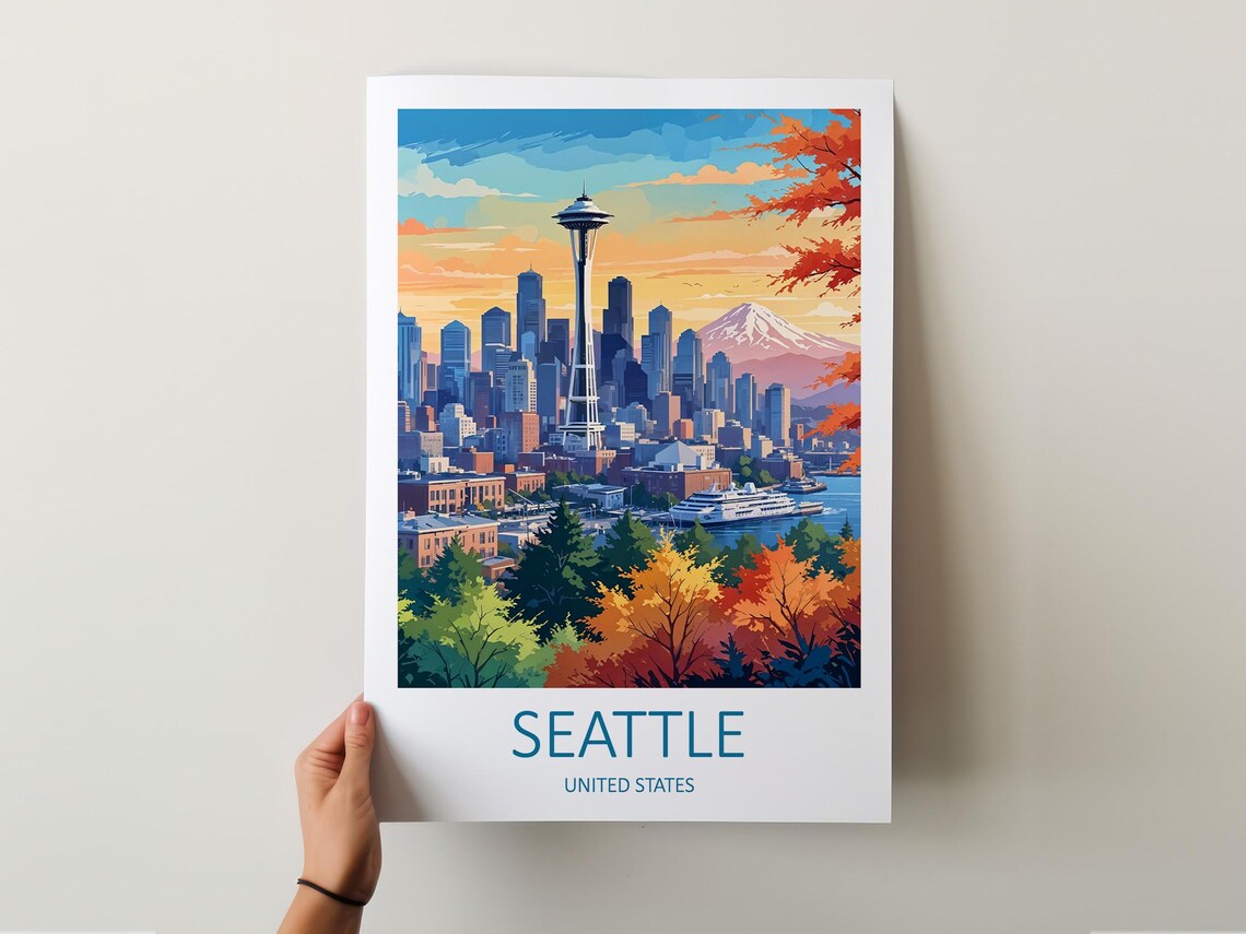 Seattle Washington Space Needle Skyline in Autumn Colors Poster - Image 5