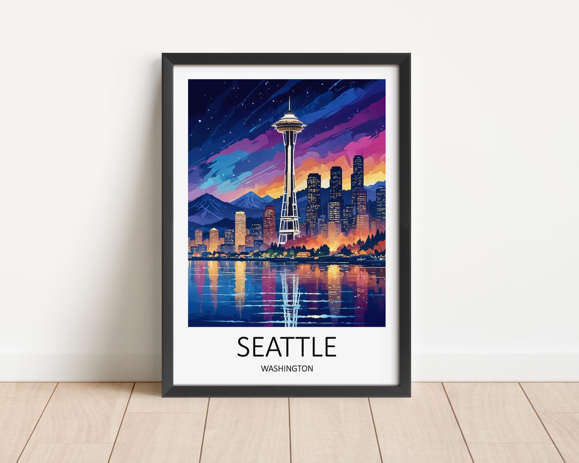 Seattle Washington Space Needle Skyline Night Lights Reflection Poster