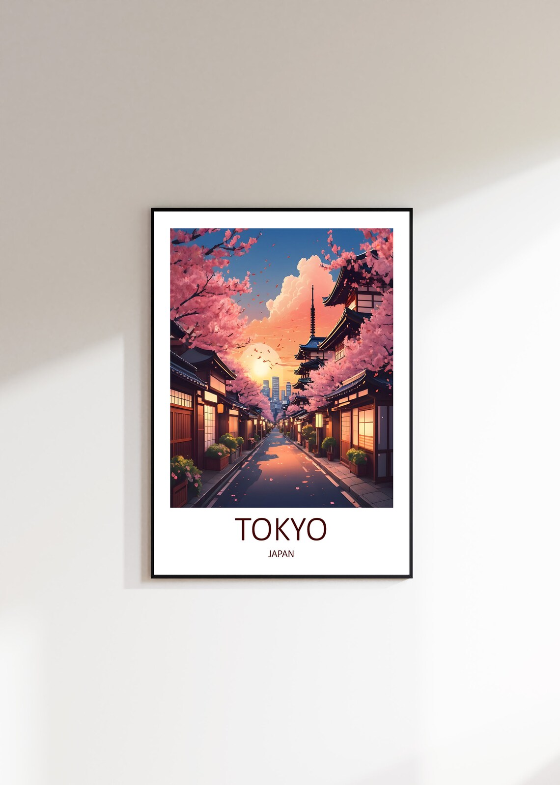 Tokyo Japan Cherry Blossom Street Temple Sunset Glow Art Poster - Image 3