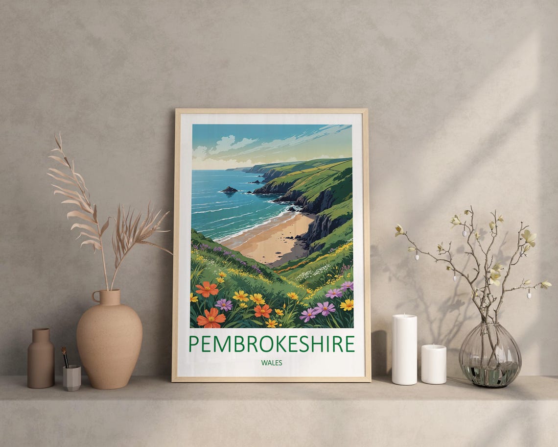 Pembrokeshire Wales Wildflower Cliff Coast Beach Travel Poster - Image 2