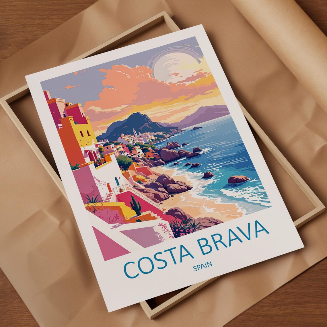 Costa Brava Spain Cliff Village Sunset Coastline Travel Poster - Image 4